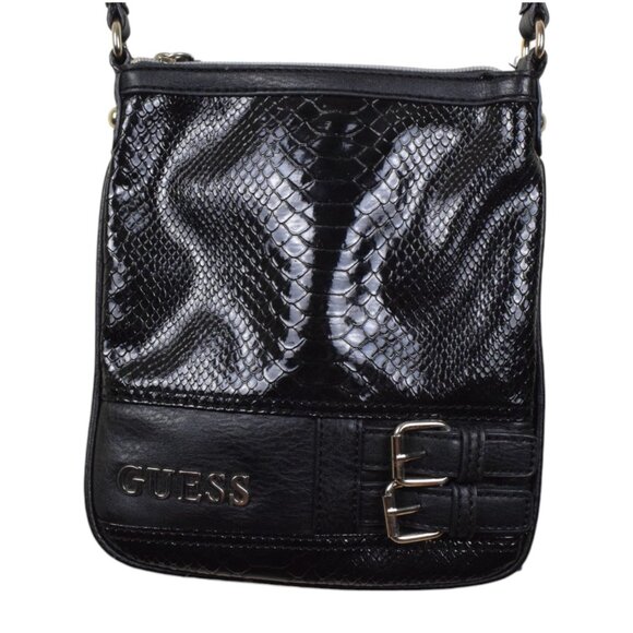 GUESS Barletta Black Crossbody Purse Snake Skin Patent Messenger Handbag Buckles - Picture 1 of 10